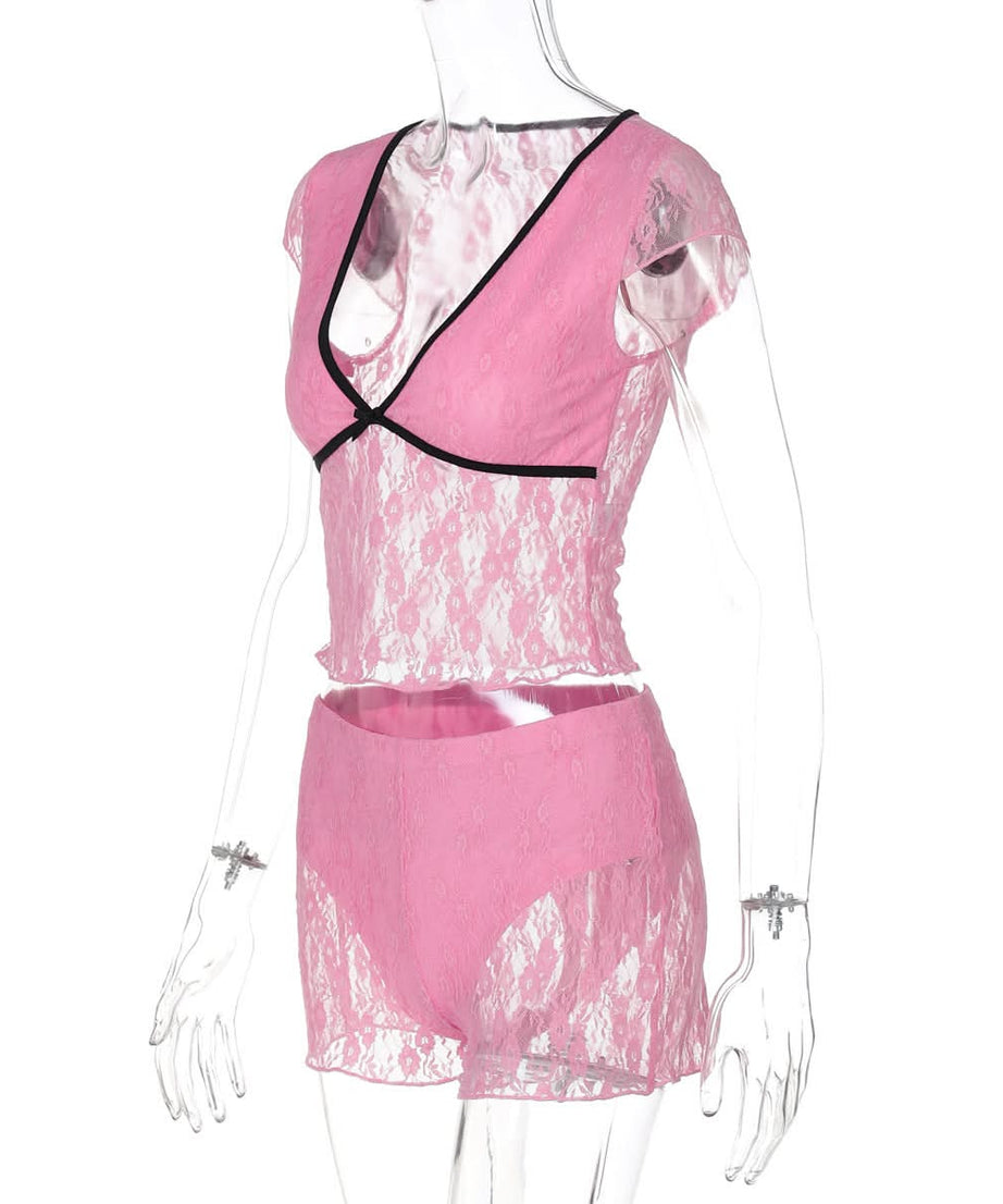 Flirty Rose Lace Pajama Set for Women | V-Neck Bowknot Top & Shorts | Cozy Fall Loungewear