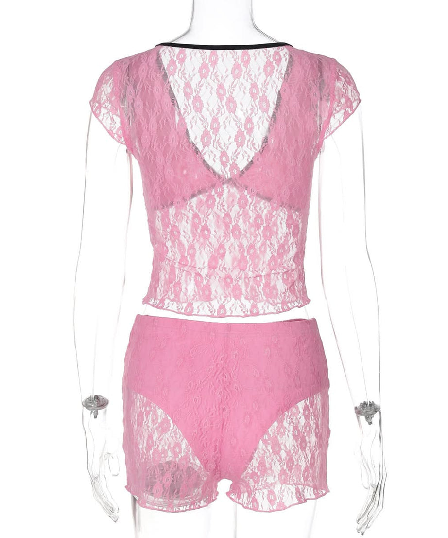 Flirty Rose Lace Pajama Set for Women | V-Neck Bowknot Top & Shorts | Cozy Fall Loungewear
