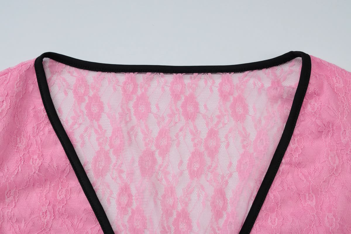 Flirty Rose Lace Pajama Set for Women | V-Neck Bowknot Top & Shorts | Cozy Fall Loungewear