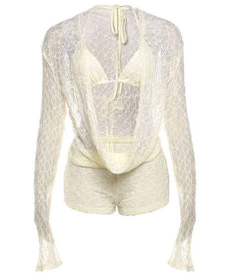 Chic Escape 3-Piece Sheer Lace Resort Set | Halter Top, Shorts & Long Sleeve Cover-Up