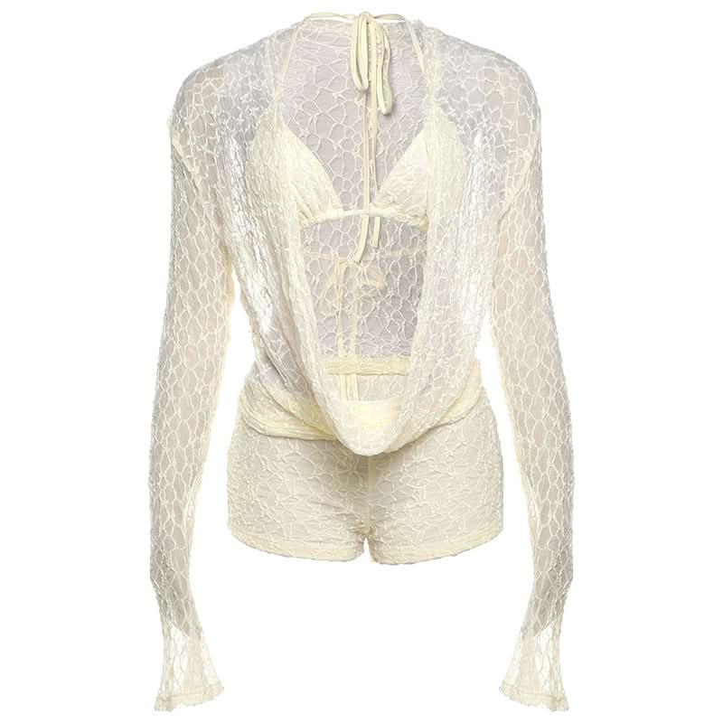 Chic Escape 3-Piece Sheer Lace Resort Set | Halter Top, Shorts & Long Sleeve Cover-Up