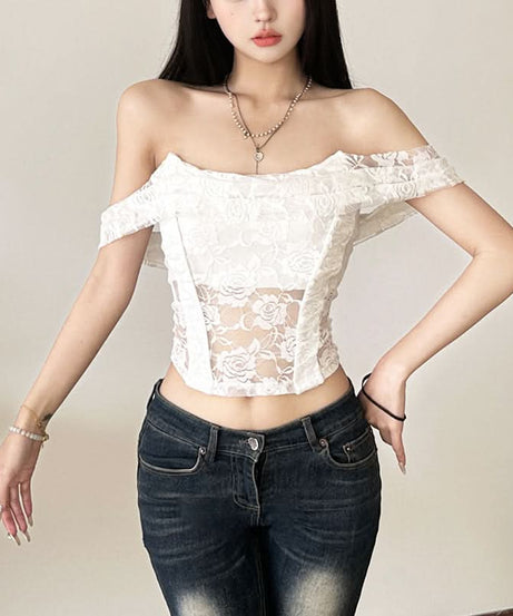 Enchanting Floral Lace Off-Shoulder Crop Top - Sheer Y2K Backless Style for Fall Nights