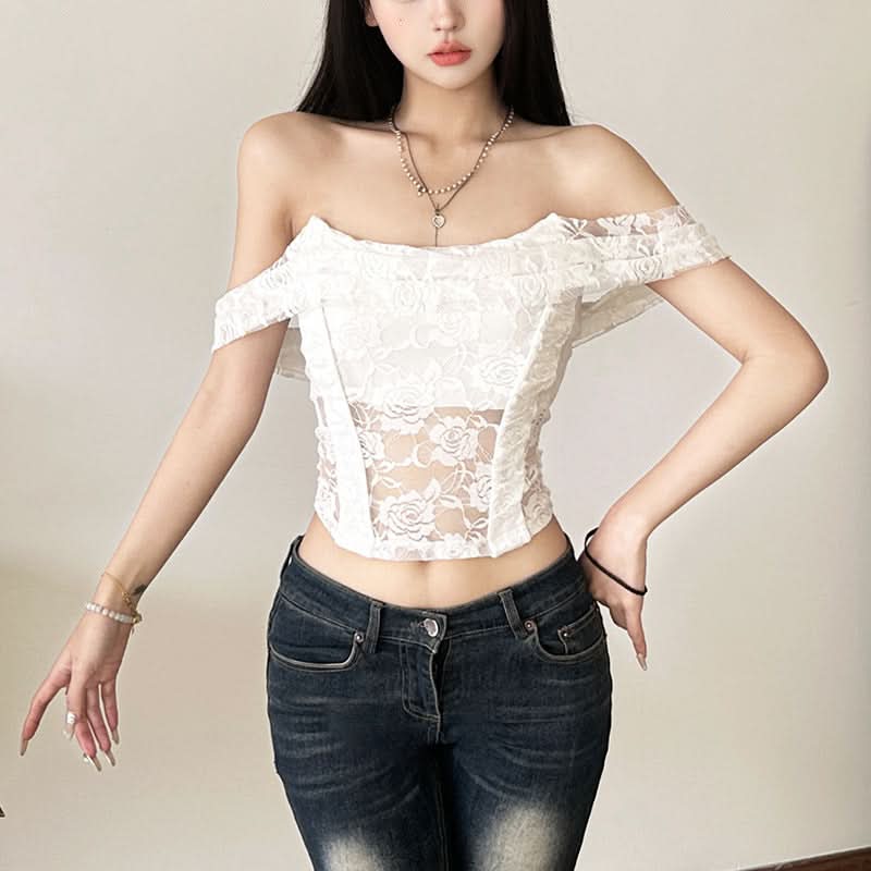 Enchanting Floral Lace Off-Shoulder Crop Top - Sheer Y2K Backless Style for Fall Nights