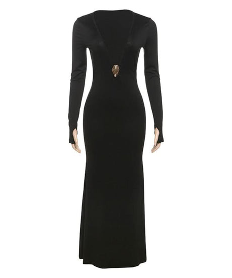 Sultry Black Deep V-Back Maxi Gown - Long Sleeve Fall & Holiday Party Dress