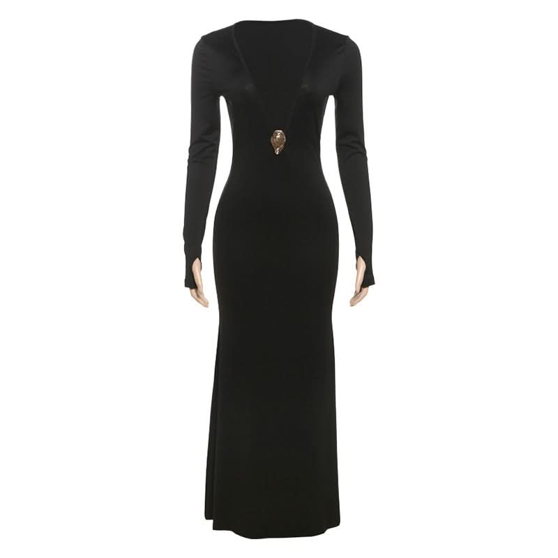 Sultry Black Deep V-Back Maxi Gown - Long Sleeve Fall & Holiday Party Dress
