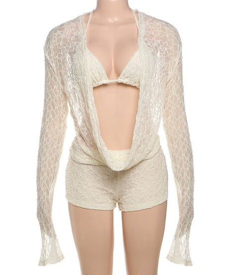 Chic Escape 3-Piece Sheer Lace Resort Set | Halter Top, Shorts & Long Sleeve Cover-Up