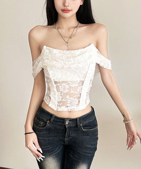 Enchanting Floral Lace Off-Shoulder Crop Top - Sheer Y2K Backless Style for Fall Nights