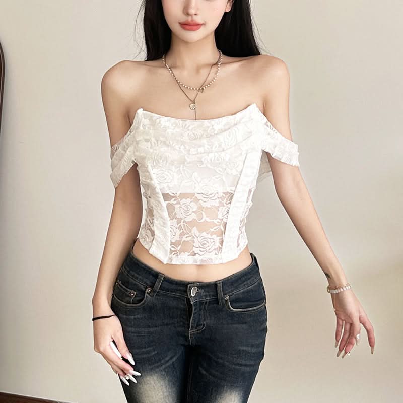 Enchanting Floral Lace Off-Shoulder Crop Top - Sheer Y2K Backless Style for Fall Nights