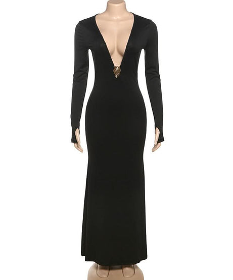 Sultry Black Deep V-Back Maxi Gown - Long Sleeve Fall & Holiday Party Dress