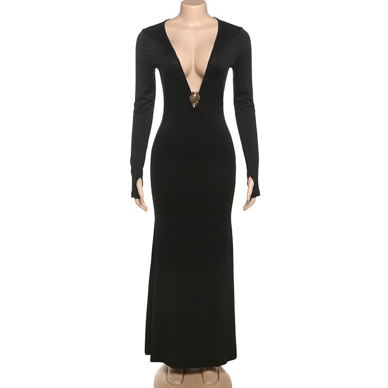 Sultry Black Deep V-Back Maxi Gown - Long Sleeve Fall & Holiday Party Dress
