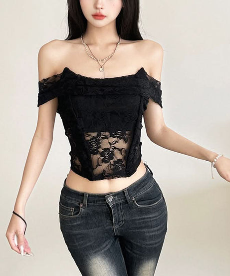 Enchanting Floral Lace Off-Shoulder Crop Top - Sheer Y2K Backless Style for Fall Nights