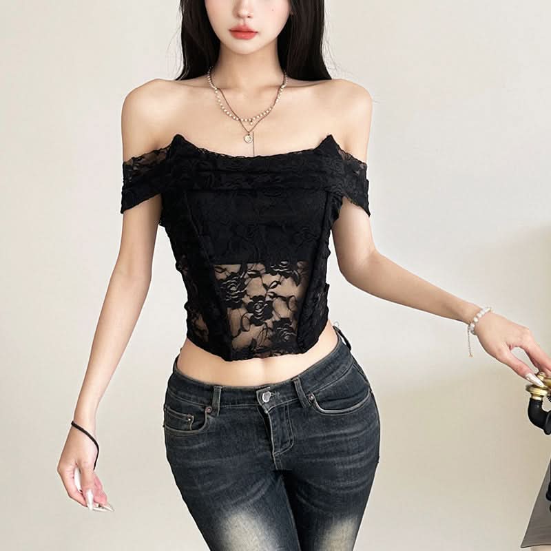 Enchanting Floral Lace Off-Shoulder Crop Top - Sheer Y2K Backless Style for Fall Nights