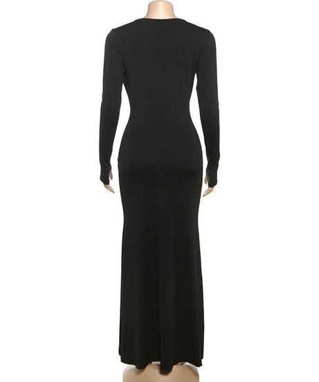 Sultry Black Deep V-Back Maxi Gown - Long Sleeve Fall & Holiday Party Dress