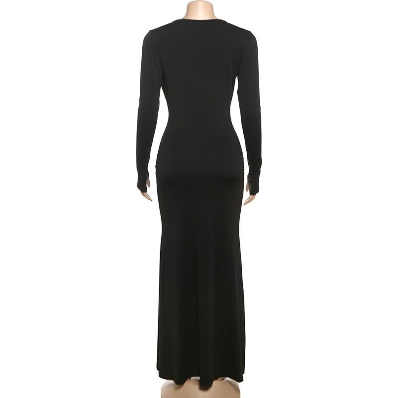 Sultry Black Deep V-Back Maxi Gown - Long Sleeve Fall & Holiday Party Dress