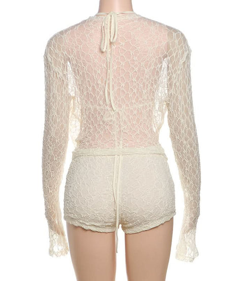 Chic Escape 3-Piece Sheer Lace Resort Set | Halter Top, Shorts & Long Sleeve Cover-Up