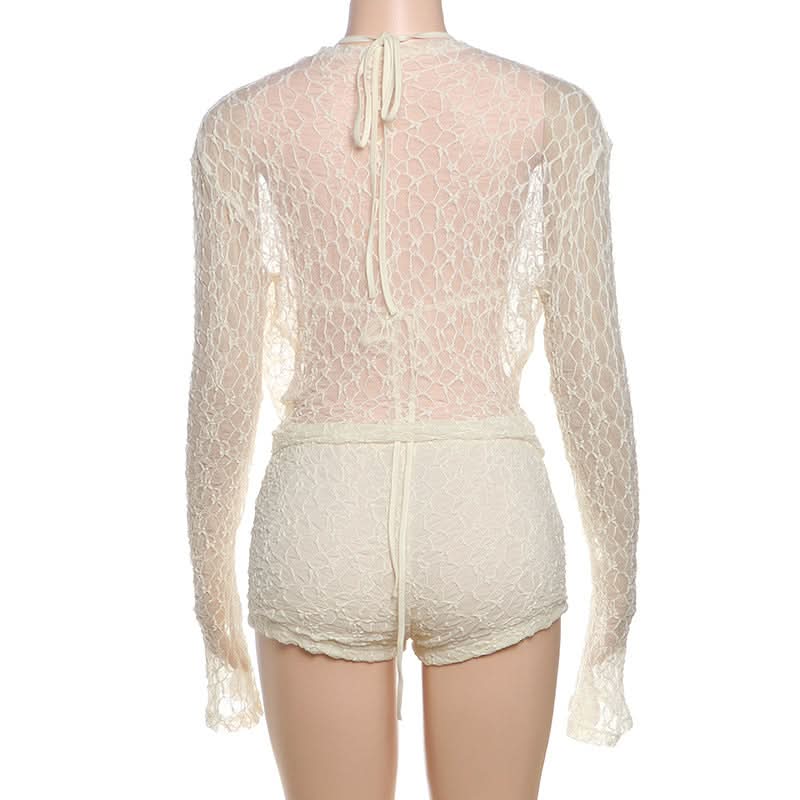 Chic Escape 3-Piece Sheer Lace Resort Set | Halter Top, Shorts & Long Sleeve Cover-Up