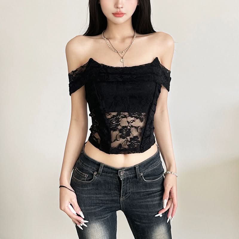 Enchanting Floral Lace Off-Shoulder Crop Top - Sheer Y2K Backless Style for Fall Nights
