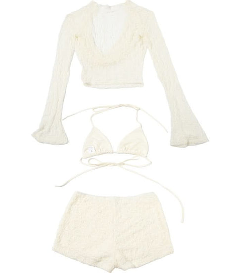 Chic Escape 3-Piece Sheer Lace Resort Set | Halter Top, Shorts & Long Sleeve Cover-Up