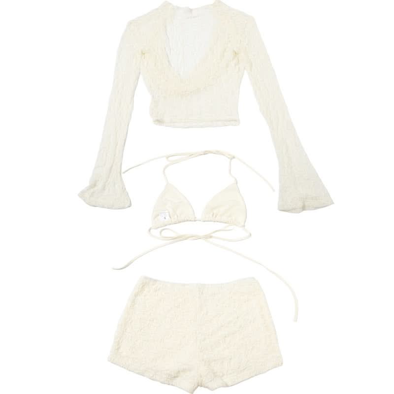 Chic Escape 3-Piece Sheer Lace Resort Set | Halter Top, Shorts & Long Sleeve Cover-Up