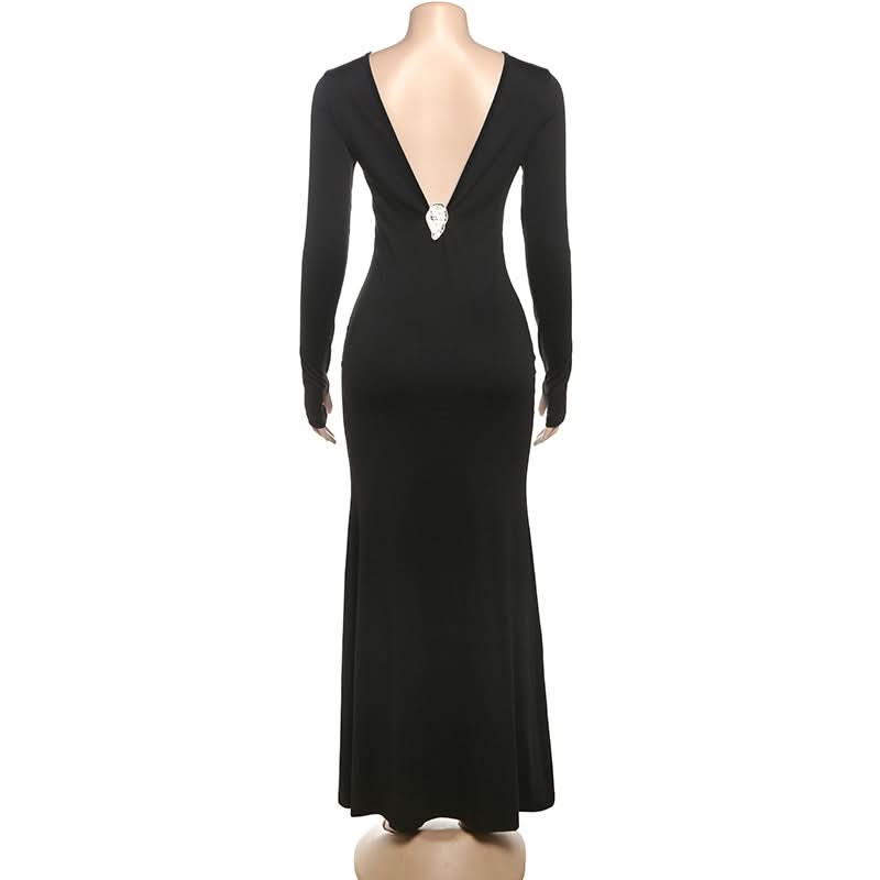 Sultry Black Deep V-Back Maxi Gown - Long Sleeve Fall & Holiday Party Dress