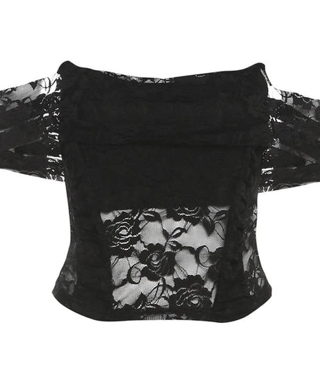 Enchanting Floral Lace Off-Shoulder Crop Top - Sheer Y2K Backless Style for Fall Nights
