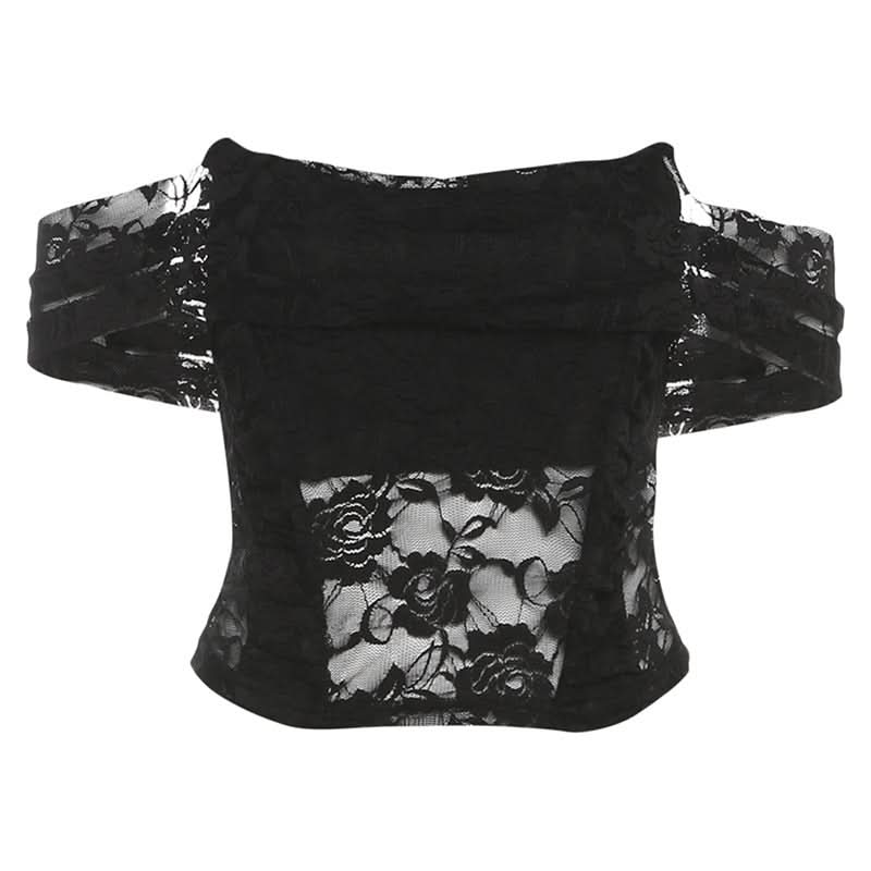 Enchanting Floral Lace Off-Shoulder Crop Top - Sheer Y2K Backless Style for Fall Nights