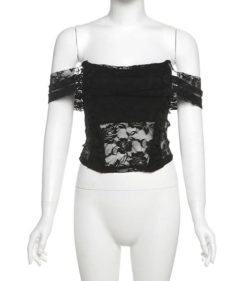 Enchanting Floral Lace Off-Shoulder Crop Top - Sheer Y2K Backless Style for Fall Nights