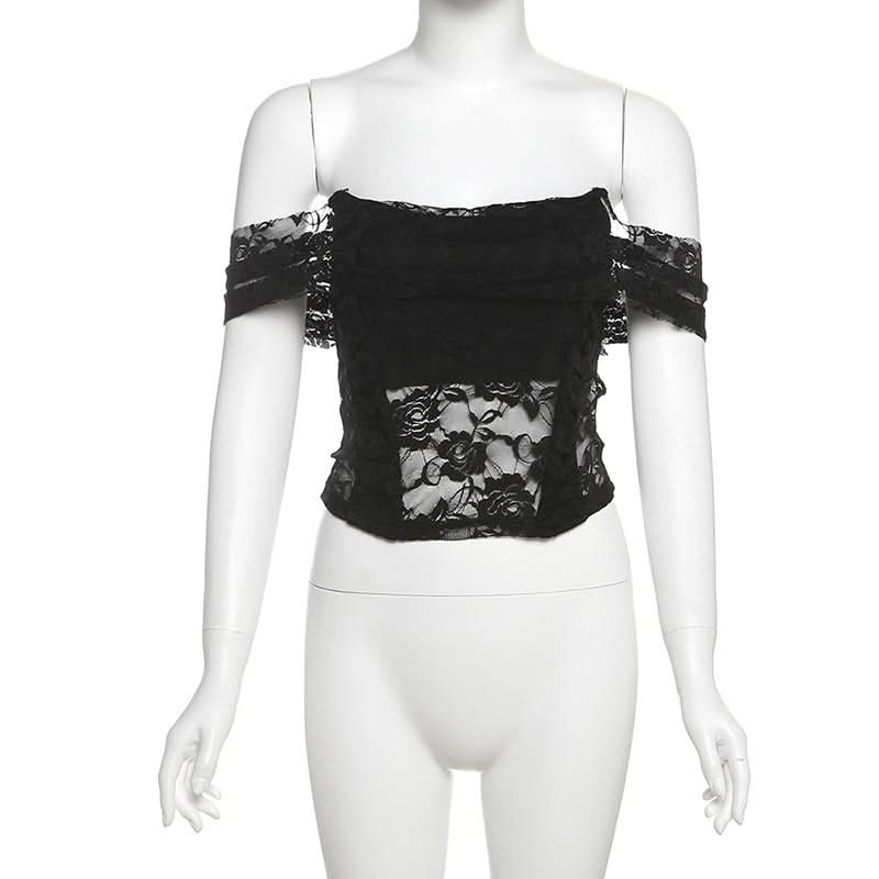 Enchanting Floral Lace Off-Shoulder Crop Top - Sheer Y2K Backless Style for Fall Nights