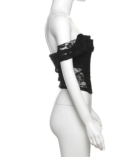 Enchanting Floral Lace Off-Shoulder Crop Top - Sheer Y2K Backless Style for Fall Nights