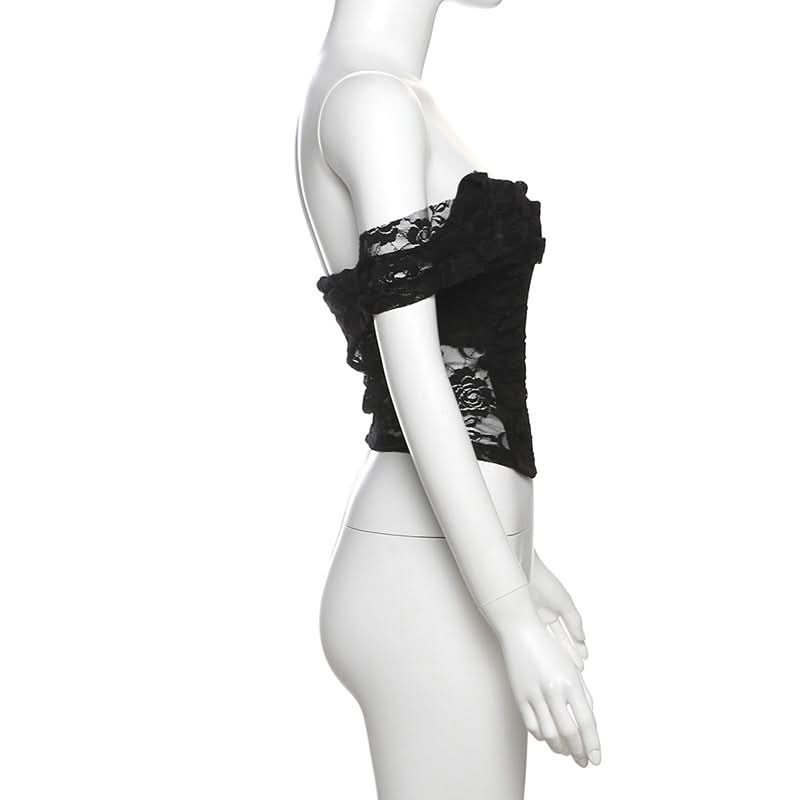 Enchanting Floral Lace Off-Shoulder Crop Top - Sheer Y2K Backless Style for Fall Nights