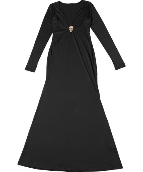 Sultry Black Deep V-Back Maxi Gown - Long Sleeve Fall & Holiday Party Dress
