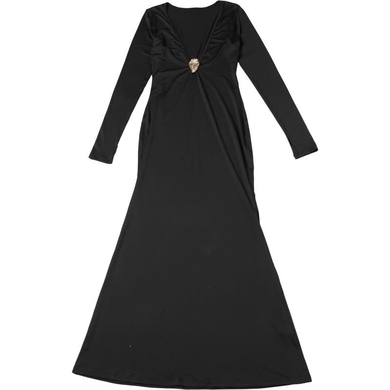 Sultry Black Deep V-Back Maxi Gown - Long Sleeve Fall & Holiday Party Dress