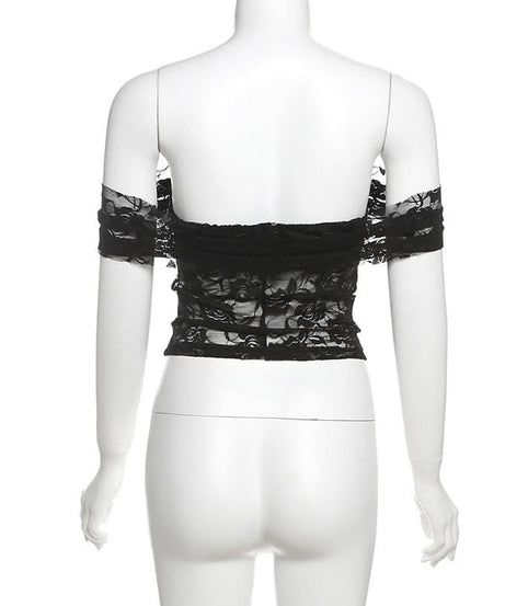 Enchanting Floral Lace Off-Shoulder Crop Top - Sheer Y2K Backless Style for Fall Nights