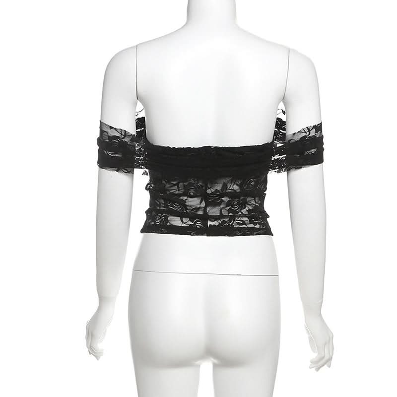 Enchanting Floral Lace Off-Shoulder Crop Top - Sheer Y2K Backless Style for Fall Nights