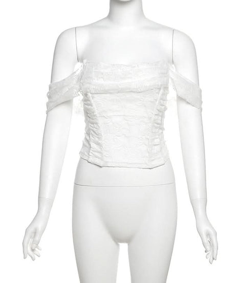 Enchanting Floral Lace Off-Shoulder Crop Top - Sheer Y2K Backless Style for Fall Nights