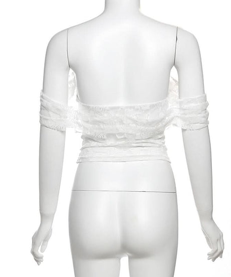 Enchanting Floral Lace Off-Shoulder Crop Top - Sheer Y2K Backless Style for Fall Nights