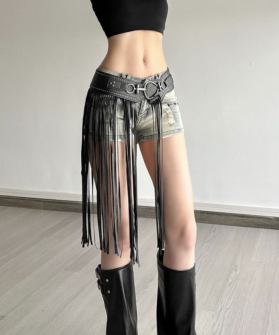 Edgy Fringe & Tassel Statement Belt - Womens PU Leather Waist Accessory for Fall Concerts & Boho Chic