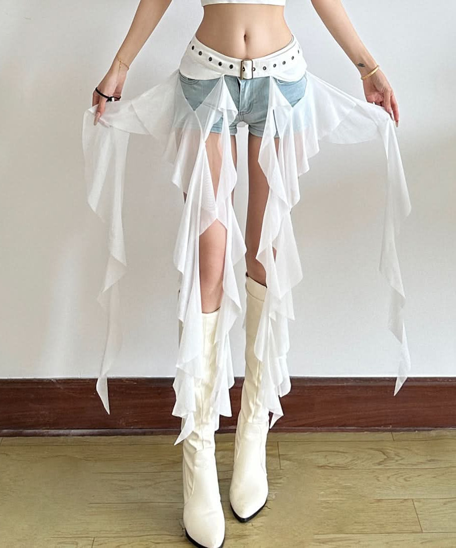Edgy White Ruffle Mesh Overlay Belt Skirt | Gothic Rave Festival Accessory for Halloween