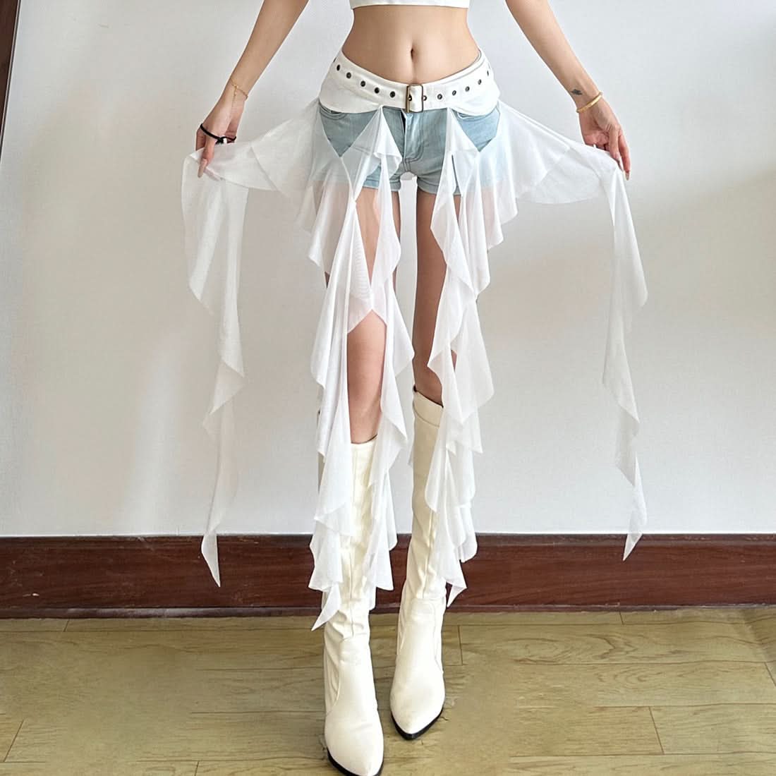 Edgy White Ruffle Mesh Overlay Belt Skirt | Gothic Rave Festival Accessory for Halloween