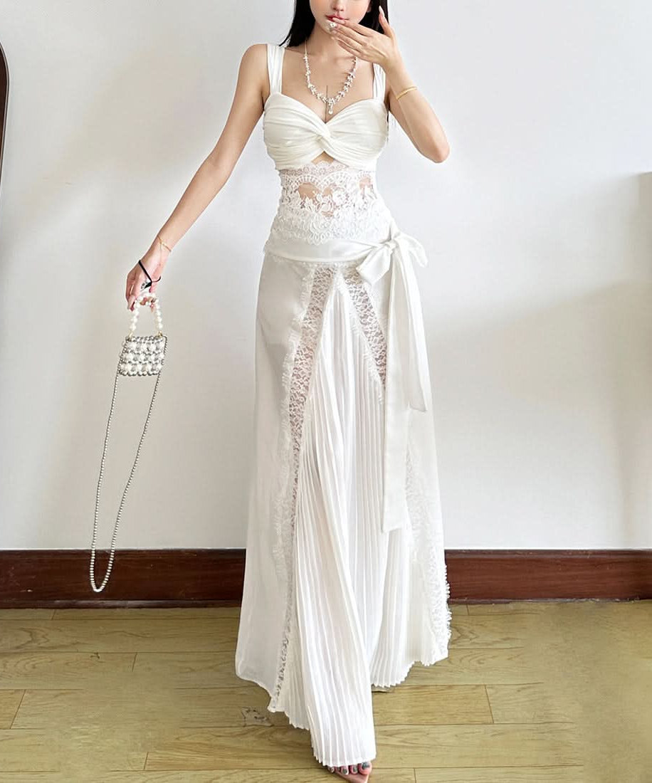 Elegant Winter White Ruched Lace Cut-Out Cocktail Dress - Holiday Glam