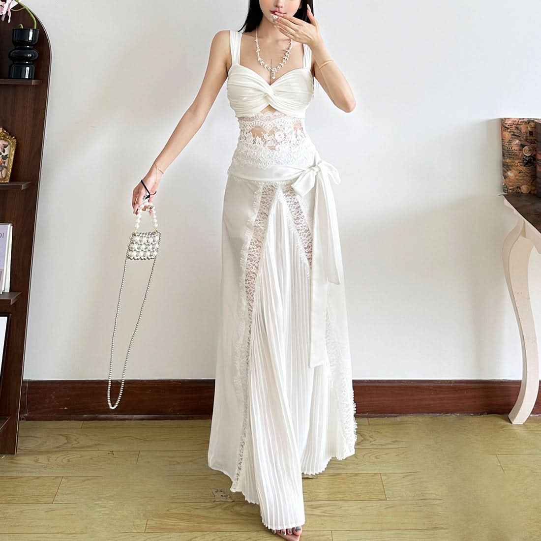 Elegant Winter White Ruched Lace Cut-Out Cocktail Dress - Holiday Glam