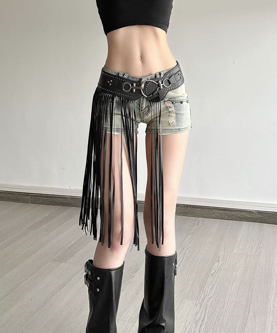 Edgy Fringe & Tassel Statement Belt - Womens PU Leather Waist Accessory for Fall Concerts & Boho Chic