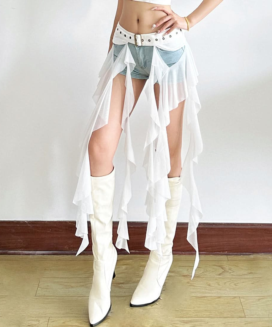 Edgy White Ruffle Mesh Overlay Belt Skirt | Gothic Rave Festival Accessory for Halloween