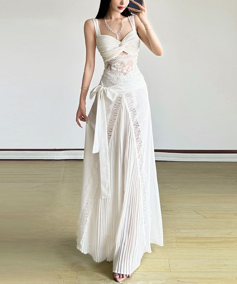 Elegant Winter White Ruched Lace Cut-Out Cocktail Dress - Holiday Glam