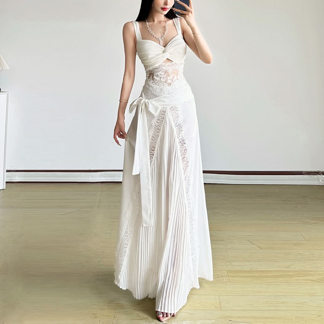 Elegant Winter White Ruched Lace Cut-Out Cocktail Dress - Holiday Glam