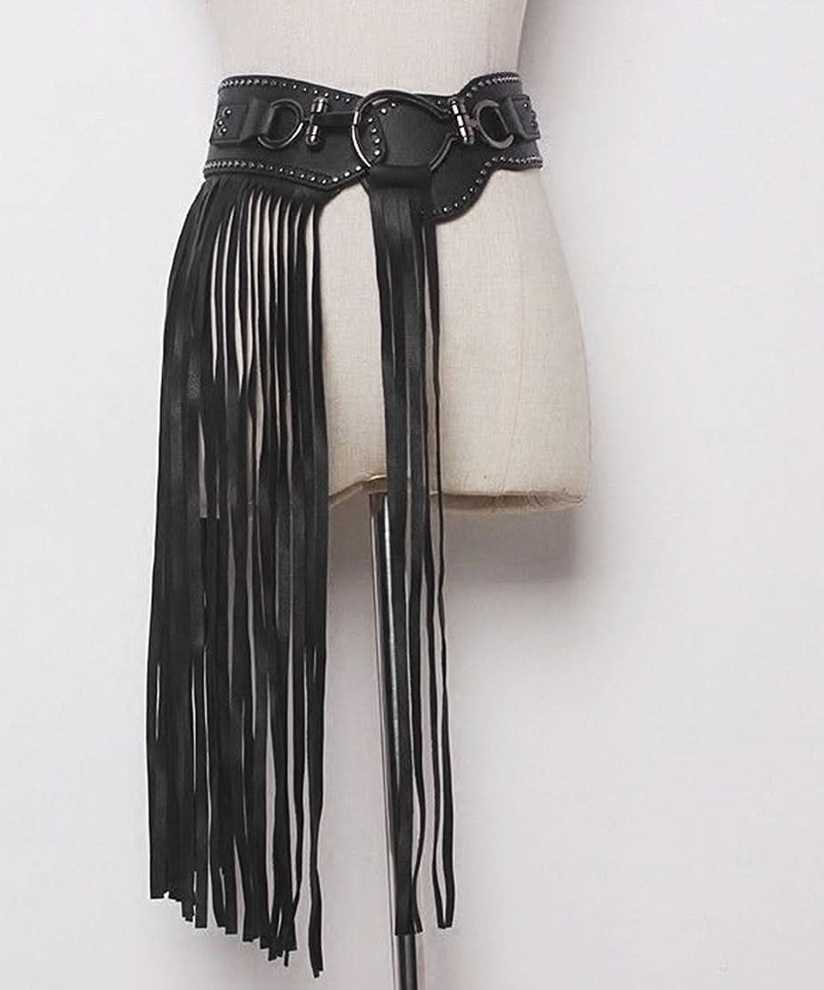 Edgy Fringe & Tassel Statement Belt - Womens PU Leather Waist Accessory for Fall Concerts & Boho Chic
