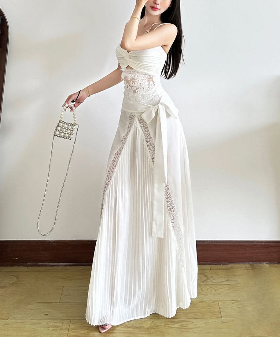 Elegant Winter White Ruched Lace Cut-Out Cocktail Dress - Holiday Glam