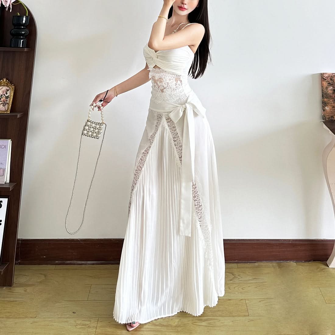 Elegant Winter White Ruched Lace Cut-Out Cocktail Dress - Holiday Glam