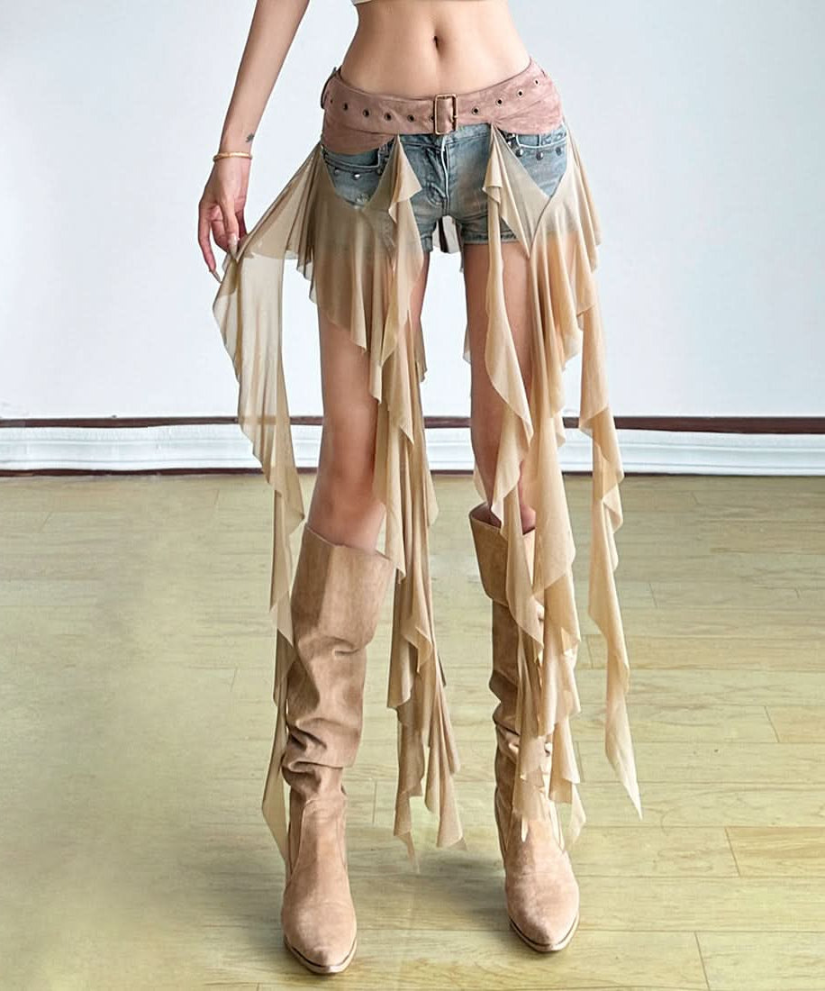 Edgy White Ruffle Mesh Overlay Belt Skirt | Gothic Rave Festival Accessory for Halloween