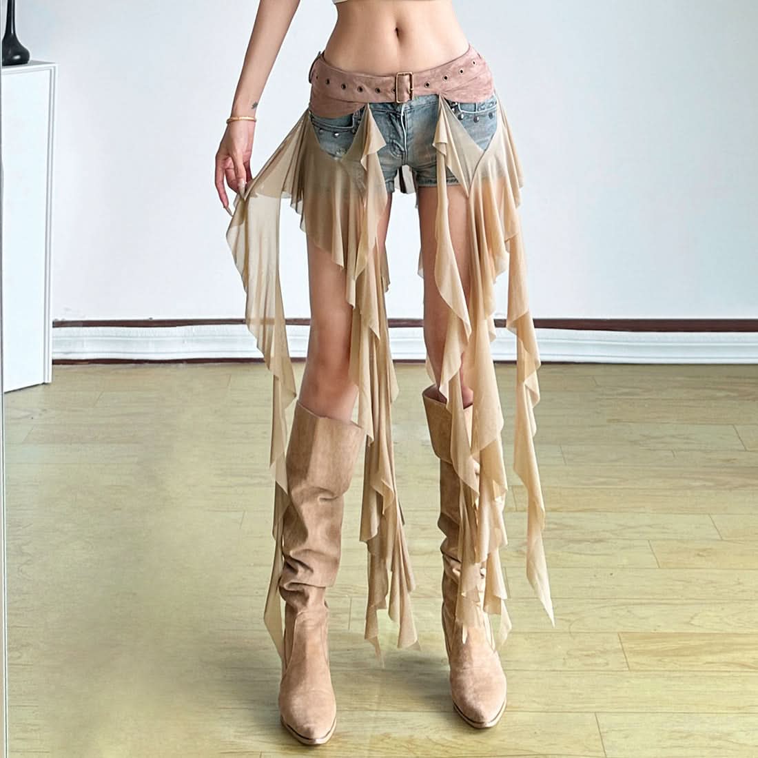 Edgy White Ruffle Mesh Overlay Belt Skirt | Gothic Rave Festival Accessory for Halloween